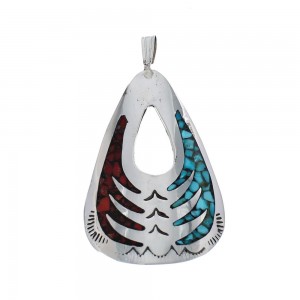Turquoise and Coral Inlay Genuine Sterling Silver Navajo Pendant JX126371