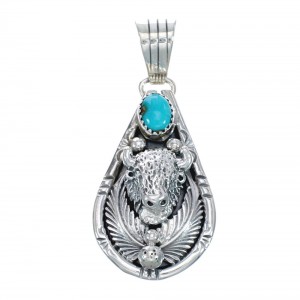 Navajo Turquoise Sterling Silver Buffalo Tear Drop Pendant JX126409