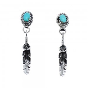 Native American Sterling Silver Turquoise Feather Post Dangle Earrings JX126338