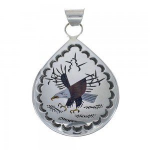 Native American Zuni Multicolor Inlay Eagle Sterling Silver Pendant JX127058