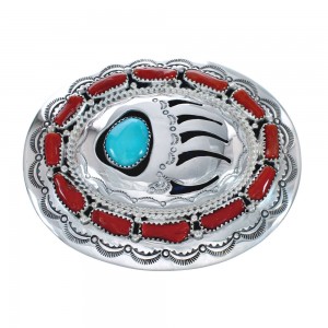 Coral and Turquoise Navajo Bear Paw Design Genuine Sterling Silver Belt Buckle JX127026