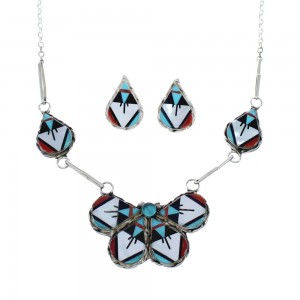 Zuni Multicolor Inlay Tear Drop Sterling Silver Earrings And Link Necklace Set AX126178
