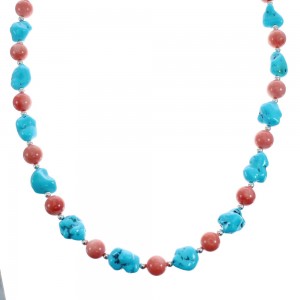 Sleeping Beauty Turquoise Coral Sterling Silver Native American Bead Necklace JX127136