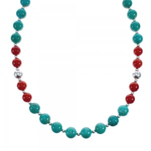 Turquoise Coral Sterling Silver Native American Bead Necklace JX127126
