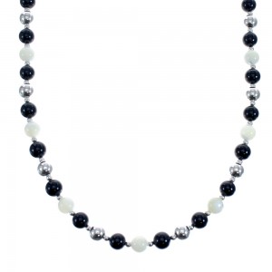 Mother of Pearl And Onyx Sterling Silver Native American Bead Necklace JX127155