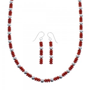 Native American Sterling Silver Coral Bead Necklace And Earrings Set JX127177