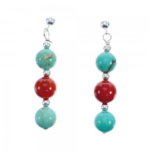 Native American Turquoise Coral Sterling Silver Earrings JX127203