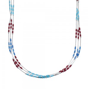 Native American Multicolor Hand Strung Liquid Silver 3-Strand Necklace AX127262