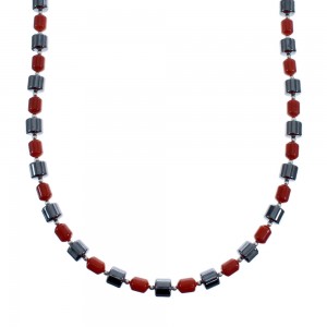 Hematite And Coral Native American Sterling Silver Bead Necklace AX127265