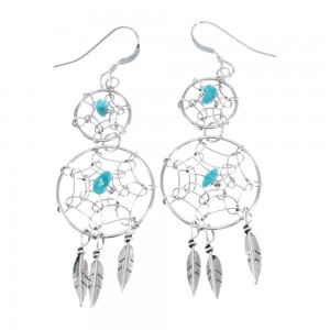 Native American Sterling Silver Turquoise Double Dream Catcher Feather Earrings JX127312