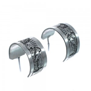 Native American Authentic Sterling Silver Story Teller Post Hoop Earrings JX127321