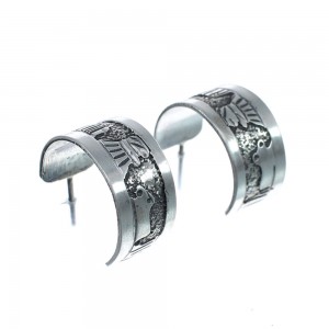 Native American Authentic Sterling Silver Story Teller Post Hoop Earrings JX127325