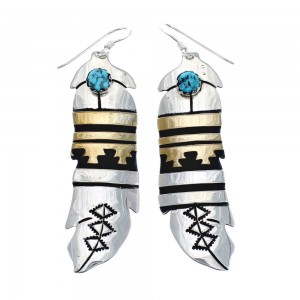 Native American Sterling Silver 12 Karat Gold Filled And Turquoise Hook Dangle Earrings JX127332