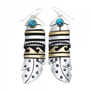 Native American Sterling Silver 12 Karat Gold Filled And Turquoise Hook Dangle Earrings JX127333