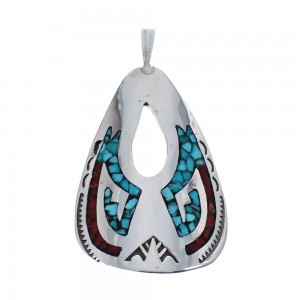 Turquoise and Coral Inlay Genuine Sterling Silver Navajo Pendant AX127414