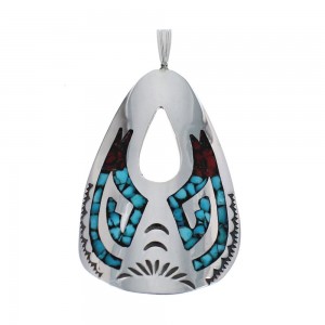 Turquoise and Coral Inlay Genuine Sterling Silver Navajo Pendant AX127418