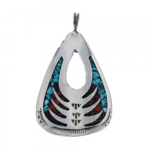 Turquoise and Coral Inlay Genuine Sterling Silver Navajo Pendant AX127421