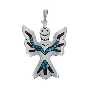 Turquoise and Coral Inlay Genuine Sterling Silver Navajo Thunderbird Pendant AX127423