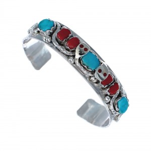 Turquoise and Coral Sterling Silver Zuni Effie Calavaza Snake Cuff Bracelet AX127482