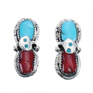 Sterling Silver Turquoise And Coral Zuni Effie Calavaza Snake Post Earrings AX127582