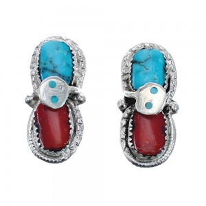 Sterling Silver Turquoise And Coral Zuni Effie Calavaza Snake Post Earrings AX127583