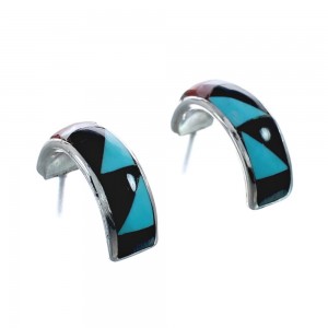 Multicolor Inlay Zuni Indian Sterling Silver Post Hoop Earrings AX127584