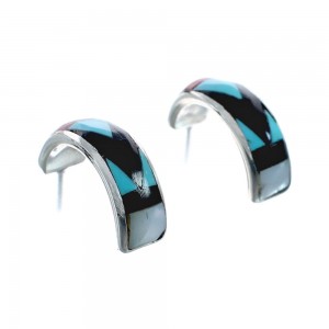 Multicolor Inlay Zuni Indian Sterling Silver Post Hoop Earrings AX127587