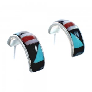 Multicolor Inlay Zuni Indian Sterling Silver Post Hoop Earrings AX127588