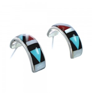Multicolor Inlay Zuni Indian Sterling Silver Post Hoop Earrings AX127589