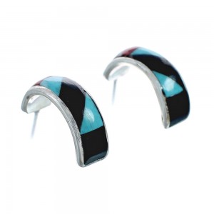 Multicolor Inlay Zuni Indian Sterling Silver Post Hoop Earrings AX127591