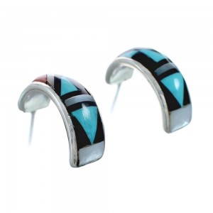 Multicolor Inlay Zuni Indian Sterling Silver Post Hoop Earrings AX127592