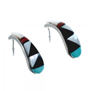 Zuni Multicolor Inlay Sterling Silver Post Hoop Earrings AX127637