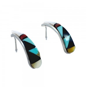 Zuni Multicolor Inlay Sterling Silver Post Hoop Earrings AX127639