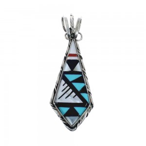 Native American Zuni Authentic Sterling Silver Multicolor Inlay Pendant JX127826