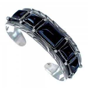 Navajo Multistone Sterling Silver Onyx Leaf Cuff Bracelet AX127694