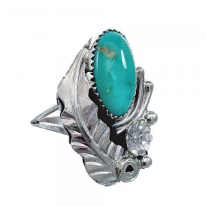 Flower Scalloped Leaf Turquoise Genuine Sterling Silver Navajo Ring Size 7-1/2 AX127698