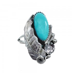 Flower Scalloped Leaf Turquoise Genuine Sterling Silver Navajo Ring Size 8 AX127700