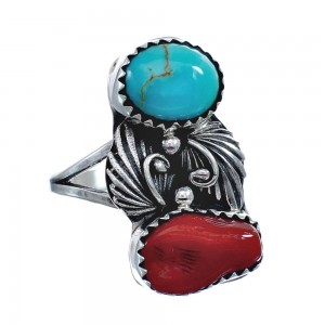 Authentic Sterling Silver Navajo Turquoise Coral Leaf Design Ring Size 6-1/2 AX127771