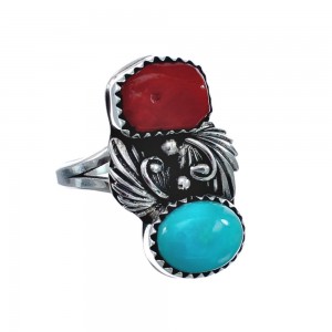Authentic Sterling Silver Navajo Turquoise Coral Leaf Design Ring Size 7-1/4 AX127782