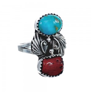 Authentic Sterling Silver Navajo Turquoise Coral Leaf Design Ring Size 7-1/2 AX127783