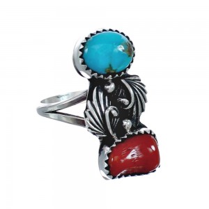 Authentic Sterling Silver Navajo Turquoise Coral Leaf Design Ring Size 8 AX127788