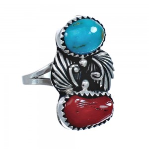 Authentic Sterling Silver Navajo Turquoise Coral Leaf Design Ring Size 8-1/2 AX127793