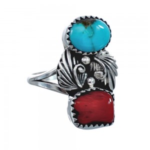 Authentic Sterling Silver Navajo Turquoise Coral Leaf Design Ring Size 9 AX127794