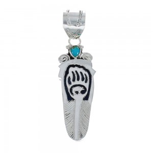 Navajo Turquoise Genuine Sterling Silver Feather And Bear Paw Pendant AX127943