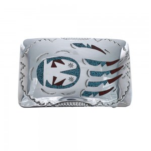 Native American Navajo Sterling Silver Turquoise And Coral Bear Paw Belt Buckle AX127947