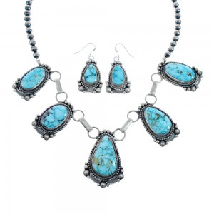 Turquoise Tear Drop Navajo Sterling Silver Link Necklace Earrings Jewelry Set AX127974
