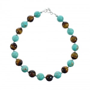 Turquoise And Tiger Eye Navajo Sterling Silver Bead Bracelet AX128011