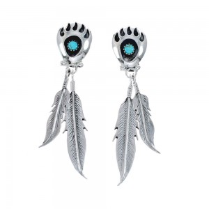 Navajo Bear Paw and Feathers Turquoise Sterling Silver Post Dangle Earrings AX128166
