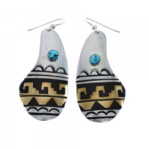 Native American Sterling Silver 12 Karat Gold Filled And Turquoise Water Wave Hook Dangle Earrings AX128180
