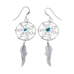 Turquoise Genuine Sterling Silver Navajo Dream Catcher Feather Hook Dangle Earrings JX128438